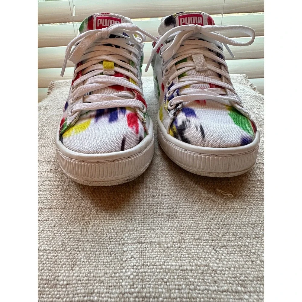 Puma Basket Canvas Multi-Color Paint Splatter Sneakers White Womens 6.5 US